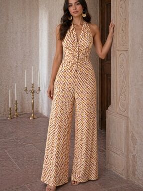 Free People Cream and Yellow  Orange Geometric Halter Jumpsuit Boho Small Medium